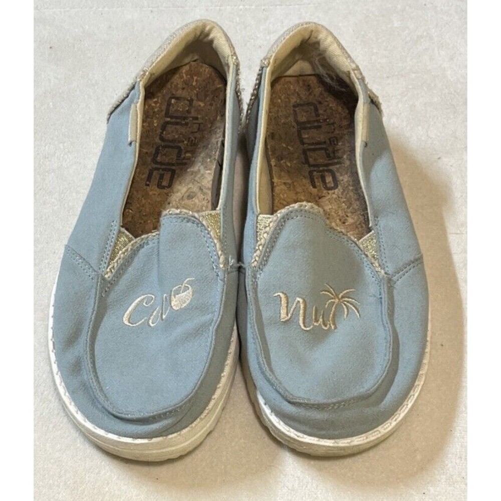 Hey Dude 'Coco' Aqua and Natural Slip on Women's Shoe Size 7 Gold Sparkle - Picture 2 of 9